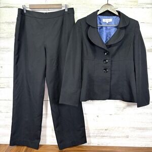 Suit Studio Womens Black Pinstripe Fitted Jacket & Straight Leg Pants Suit Sz 10